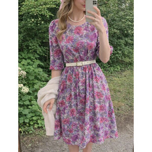 Vintage Tabby of California Floral Midi Dress Purple Pink Fitted Waist USA XS S